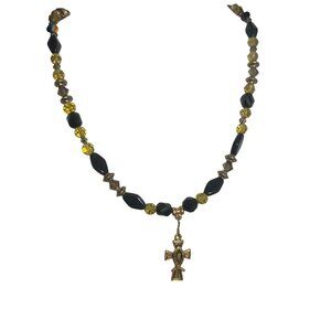 Vintage Black Gold Glass Bead Necklace Cross Pendant Toggle Clasp Estate 18"